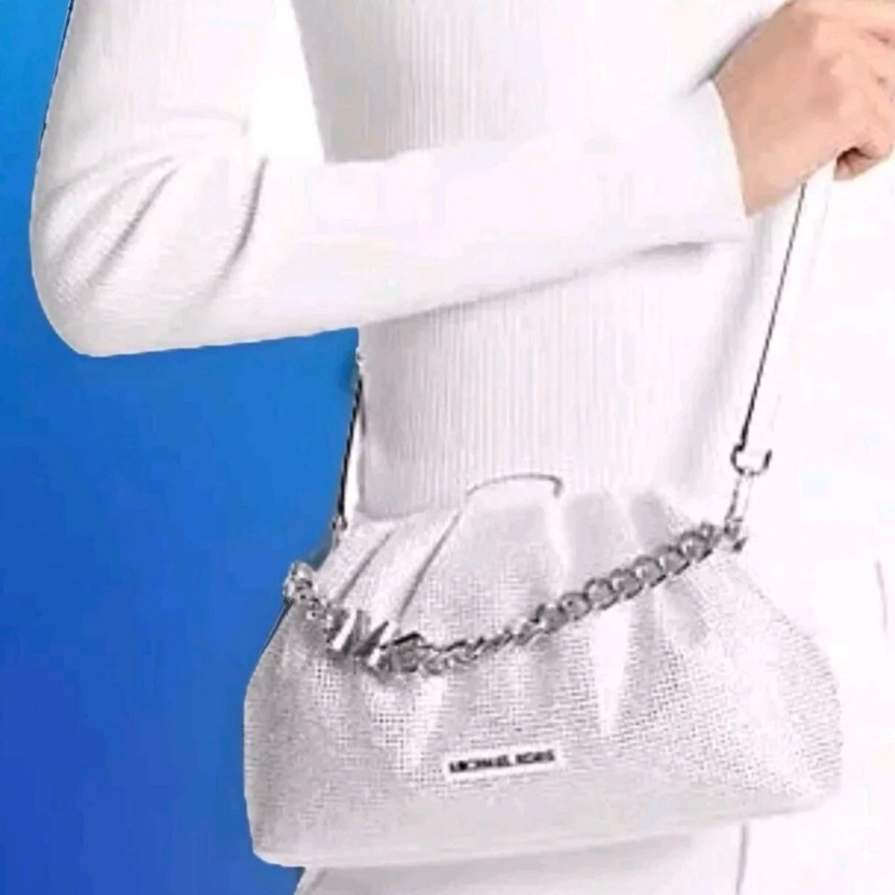 NWT Michael Kors Embellished Crossbody Clutch White Silver